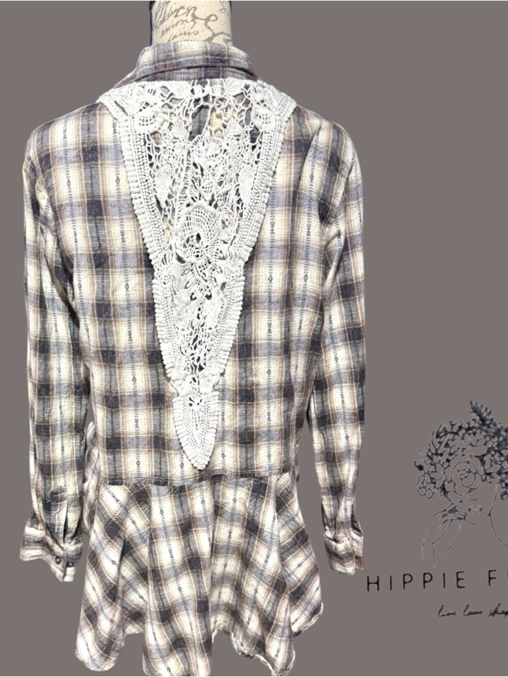 Lola P. Soft  Flannel Brown and Gray Button Shirt W Back Lace Detail Size M